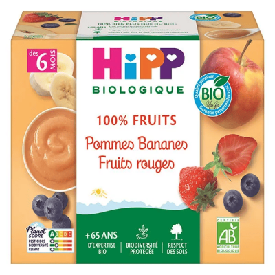 HIPP  100% Fruits - 4 x 100 g Pommes Bananes Fruits rouges - 6M