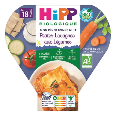 HIPP  Bio Mon D&icirc;ner Bonne Nuit Assiette Petites Lasagnes aux L&eacute;gumes +18m 260g