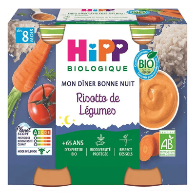 HIPP  Bio Mon D&icirc;ner Bonne Nuit Bol Risotto de L&eacute;gumes +8m 2 x 190g