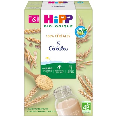 HIPP  Biologique 5 C&eacute;r&eacute;ales (D&egrave;s 8 mois) - boite de 250g