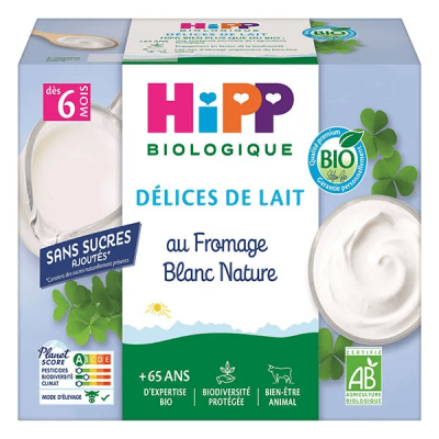 HIPP  D&eacute;lices de Lait Fromage Blanc Nature - D&egrave;s 6 mois - 4 x 100g
