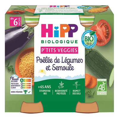 HIPP  P'tits Veggies Po&ecirc;l&eacute;e de L&eacute;gumes et Semoule d&egrave;s 6 Mois Bio 2 Pots