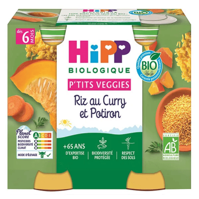HIPP  Ptits Veggies - 2 x 190 g Riz au Curry et Potiron