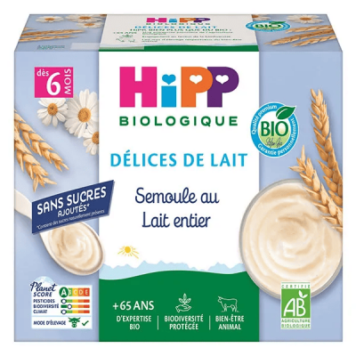 HIPP  Semoule au Lait entier Coupelles - 4 x 100g Vanille - D&egrave;s 6 mois