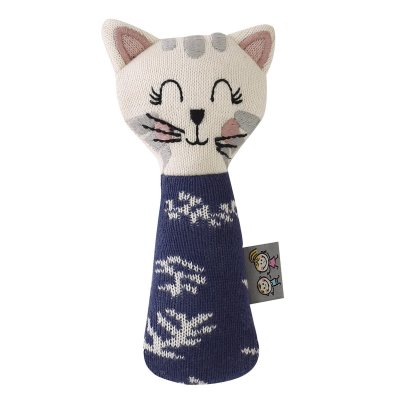 SEVIRA KIDS Hochet tricot&eacute; en coton bio- chaton bleu HOCHET-TRICOT-UK-CHAT-BLEU
