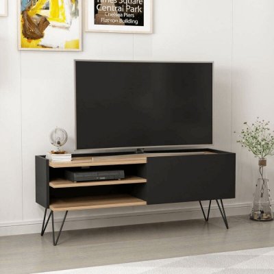 HOMEMANIA  Meuble TV, Panneau m&eacute;lamin&eacute;, m&eacute;tal, Noir, 124 x 37 x 50 cm