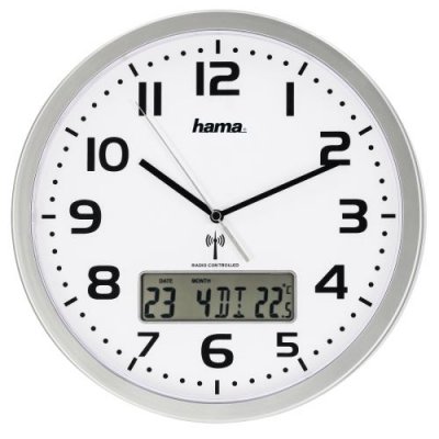 Horloge murale radio-pilot&eacute;e Extra av. indic. de date et de temp&eacute;r.