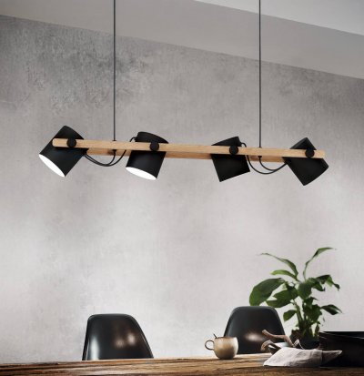 EGLO Hornwood plafonnier suspendu &agrave; 4 lampes &agrave; barre droite noir, cr&egrave;me
