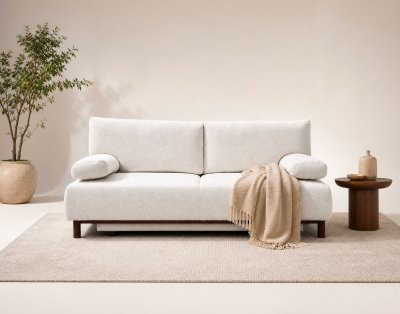  Hortense - Canap&eacute; Droit 3 Places Convertible Avec Coffre En Velours Textur&eacute; - Beige