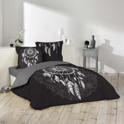 DOUCEUR D INTERIEUR Housse de couette 200X200 cm + 2 taies d&rsquo;oreiller 100% coton 42 fils dessin place ista Noir
