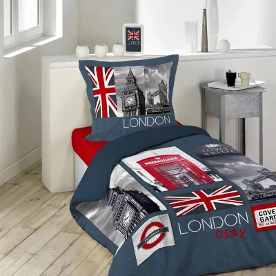 DOUCEUR D INTERIEUR Housse De Couette City London, Bleu, 140x200cm, 1 Personne, 100% Coton
