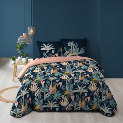 DOUCEUR D INTERIEUR Housse de couette imprim&eacute;e 240x220 cm + 2 taies 100% coton Guinea bleu