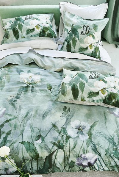 DESIGNERS GUILD Housse de couette imprim&eacute;e en satin de coton vert 140x200