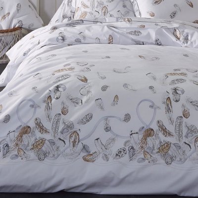 LINNEA Housse de couette percale pur coton PLUMES 280x240 cm - Blanc
