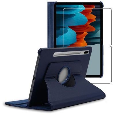 EBESTSTAR Housse pour Galaxy Tab S7 SM-T870 Support Rotatif 360 PU Cuir , Bleu Fonc&eacute; + Film VERRE Tremp&eacute;