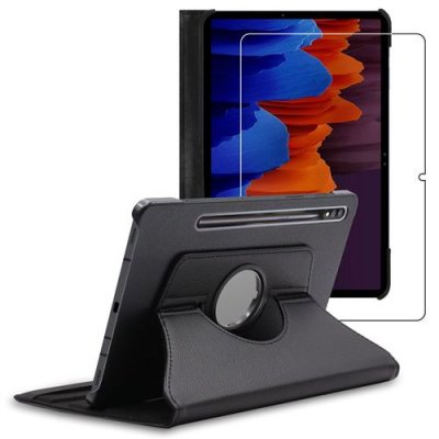 EBESTSTAR Housse pour Galaxy Tab S7+ SM-T970 Support Rotatif 360 PU Cuir , Noir + Film VERRE Tremp&eacute;