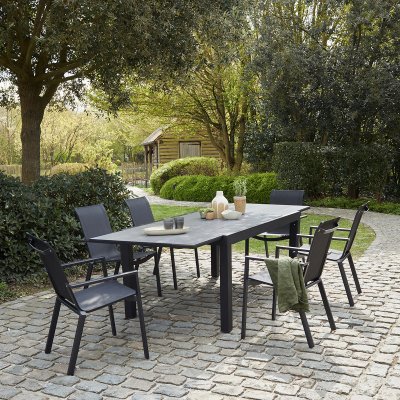 BERAH GETAH HPL STAR Salon de jardin aluminium noir et textil&egrave;ne gris 6/10 pers.