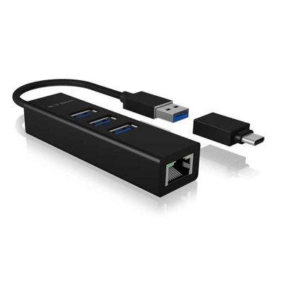 ICY BOX HUB 3Port  1xUSB-C Adapter 1xGigabit LAN Ethernet passiv Black