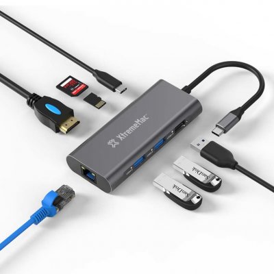 XTREMEMAC Hub  usb-c - 8 ports - usb-c pd,usb-a 3.0,hdmi 4k,sd/micro,ethernet rj45 XWH-HUB8-13