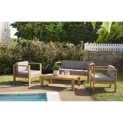 MACABANE IBIZA Salon de jardin 1 Canap&eacute; + 2 Fauteuils Teck avec Coussin - Gris