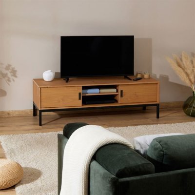 IDIMEX  Meuble TV SELMA, 2 portes coulissantes, teint&eacute; brun clair