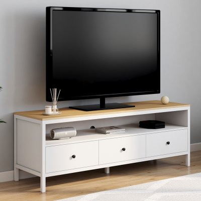IDMARKET  Meuble TV 140 cm ACHILLE 3 tiroirs blanc et plateau bois