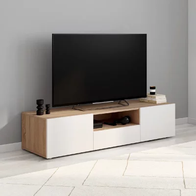 IDMARKET  Meuble TV 140 cm ELI bois fa&ccedil;on h&ecirc;tre portes blanches