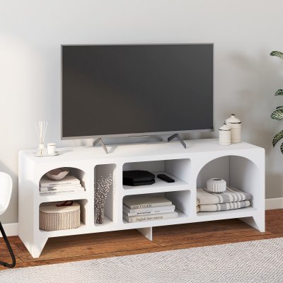 IDMARKET  Meuble TV 140 cm organique ALESIA 6 niches bois blanc