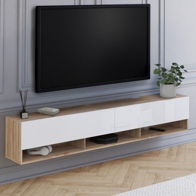IDMARKET  Meuble TV 180 cm suspendu ELIO 2 portes avec &eacute;tag&egrave;re bois et blanc 