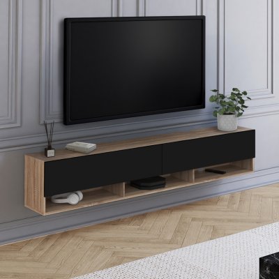 IDMARKET  Meuble TV 180 cm suspendu ELIO 2 portes avec &eacute;tag&egrave;re bois et noir 