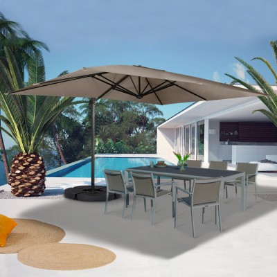 IDMARKET  Parasol d&eacute;port&eacute; rotatif 360 CALVI taupe 3x4 M avec 4 dalles et housse