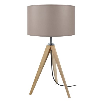 TOSEL IDUN - Lampe de chevet tr&eacute;pied bois naturel et taupe