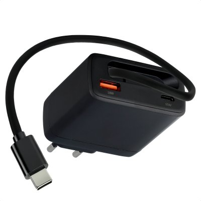 IMOSHION  Chargeur GaN avec c&acirc;ble USB-C r&eacute;tractable 65W - USB-A + USB-C - Noir