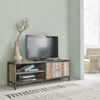 BERAH GETAH INDUS Meuble TV en pin recycl&eacute; massif et m&eacute;tal 150 cm