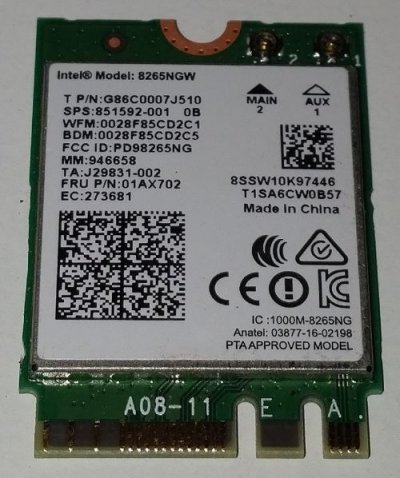 INTEL  8265.NGWMG Carte r&eacute;seau Interne WLAN 867 Mbit/s