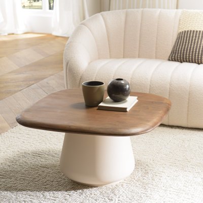 James - table basse 70x70cm en manguier pied m&eacute;tal ivoire (2 colis)