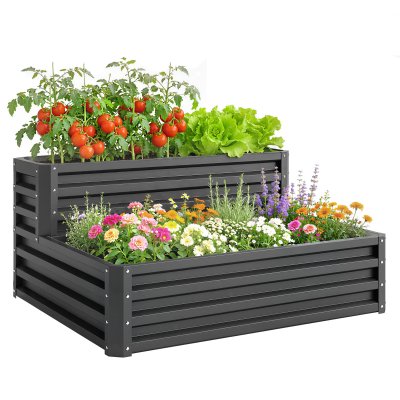 OUTSUNNY Jardini&egrave;re carr&eacute; potager 2 &eacute;tages t&ocirc;le d'acier ondul&eacute;e gris fonc&eacute;