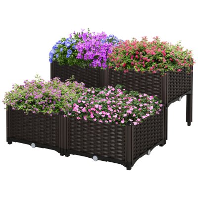 OUTSUNNY Jardini&egrave;re sur pieds carr&eacute; potager 2 &eacute;tages 4 bacs plastique chocolat