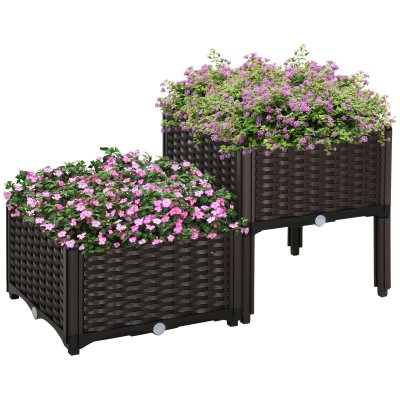 OUTSUNNY Jardini&egrave;re sur pieds carr&eacute; potager 2 &eacute;tages plastique chocolat
