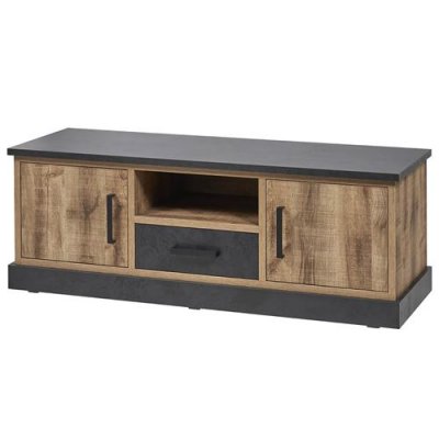 ALTOBUY JENNA - Meuble TV 2 Portes Aspect Bois et M&eacute;tal Poudr&eacute; Noir - 