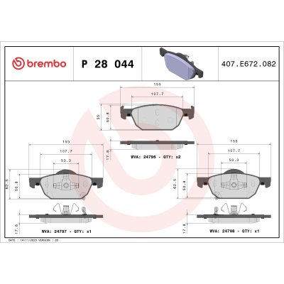 BREMBO Jeu de 4 plaquettes de frein  P 28 044