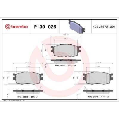 BREMBO Jeu de 4 plaquettes de frein  P 30 026
