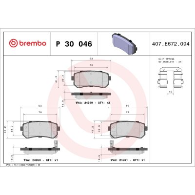 BREMBO Jeu de 4 plaquettes de frein  P 30 046
