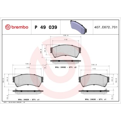 BREMBO Jeu de 4 plaquettes de frein  P 49 039