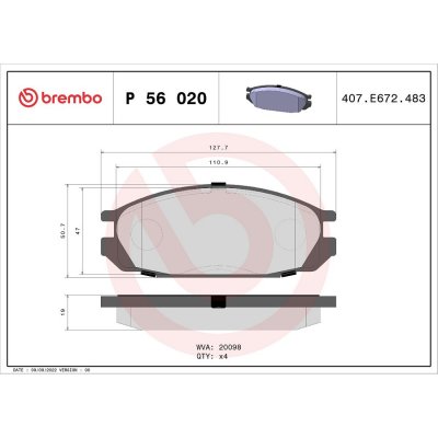 BREMBO Jeu de 4 plaquettes de frein  P 56 020