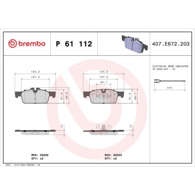 BREMBO Jeu de 4 plaquettes de frein  P 61 112