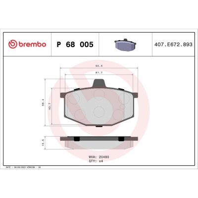 BREMBO Jeu de 4 plaquettes de frein  P 68 005