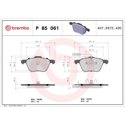 BREMBO Jeu de 4 plaquettes de frein  P 85 061