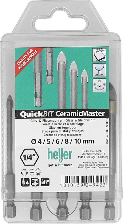 HELLER Jeu de forets perce-verre Ceramic Master, Quantit&eacute; : 5 pi&egrave;ces, Contenu 4 5 6 8 10 mm