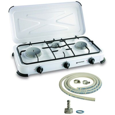 KEMPER  - R&eacute;chaud gaz portable 3 feux 3450W Blanc laqu&eacute; Couvercle Plaque de cuisson + tuyau gaz